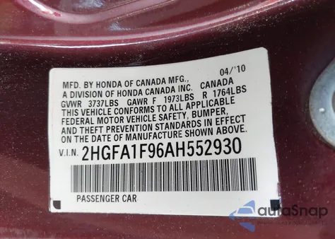 2010 Honda Civic Ex-L z USA, uszkodzony, nr VIN 2HGFA1F96AH552930